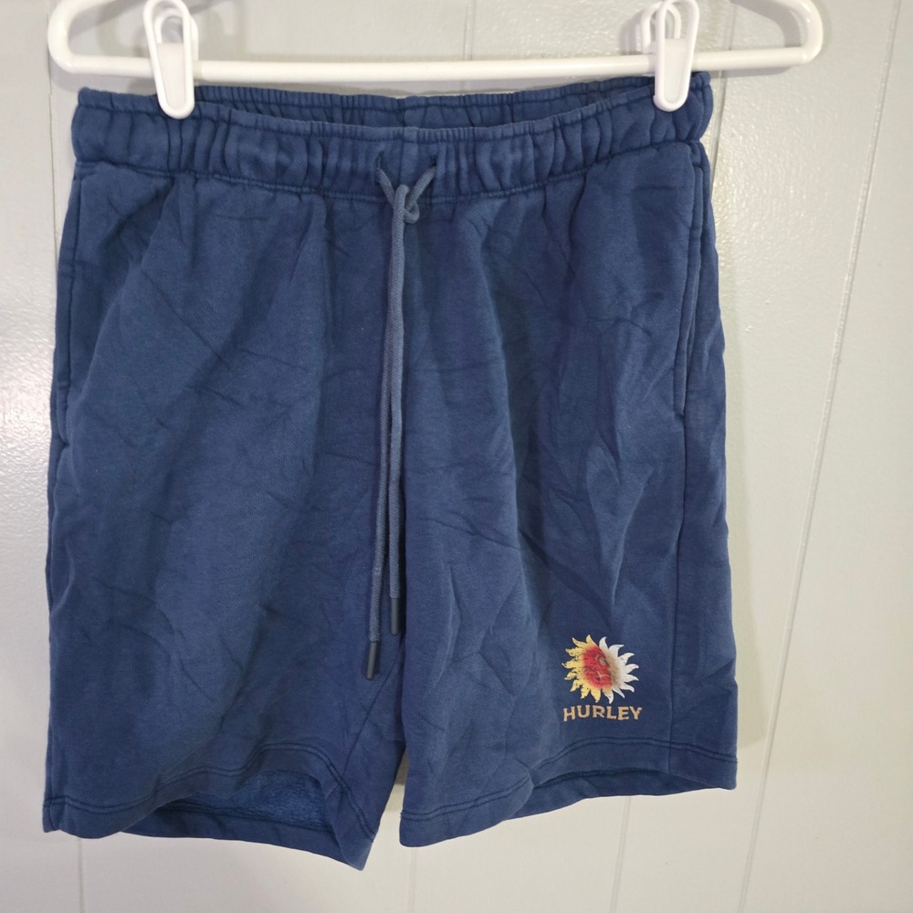 Hurley Fleece Shorts Mens Small Blue Sun Graphic‎ Drawstring Elastic Waist